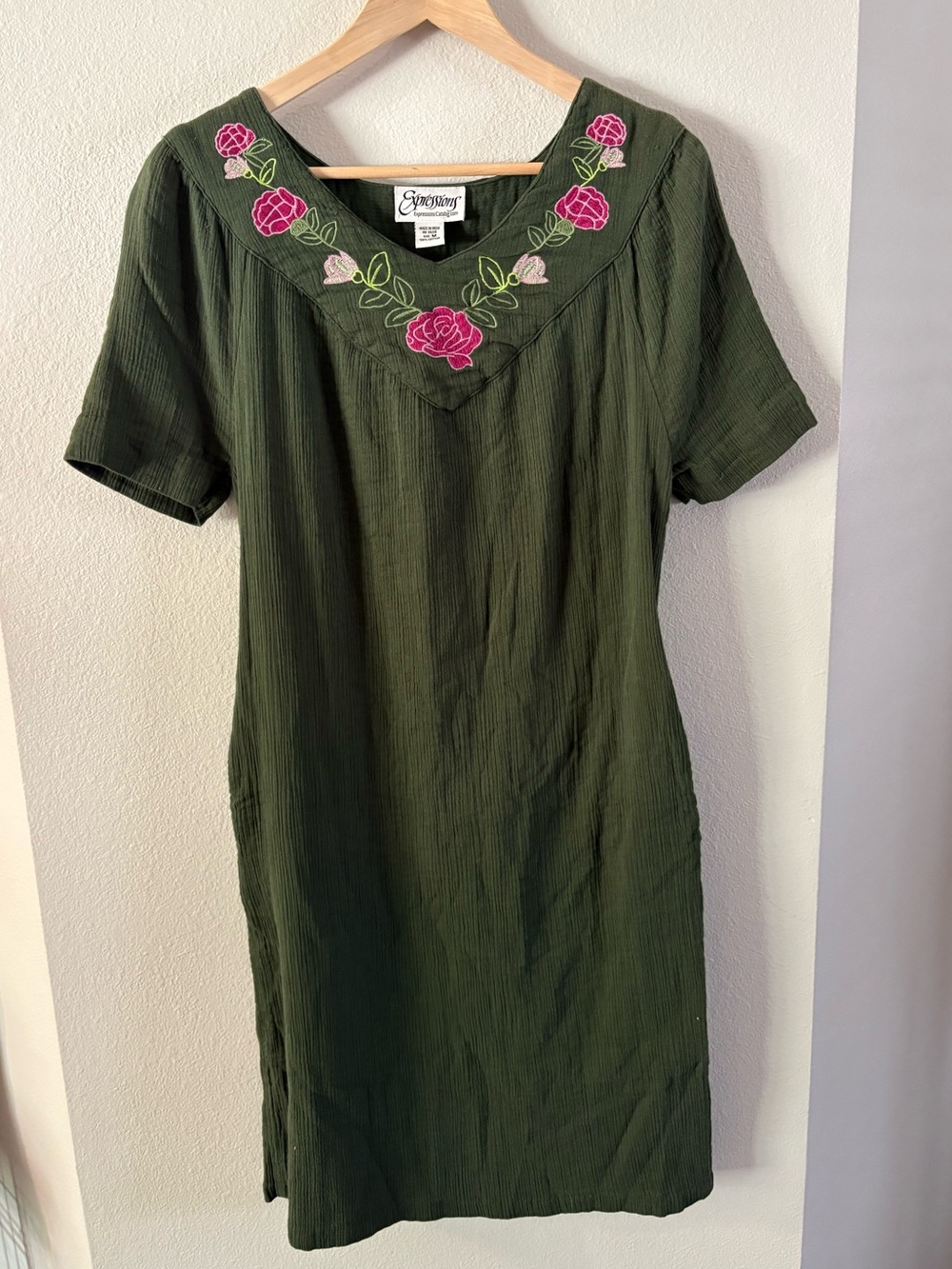 Boho Cottagecore Vintage Cotton Green Dress Embroidered Collar Pockets M